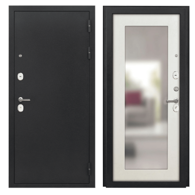 Дверь металлическая "Рефлекс/Александрия", Металл Букле черный / МДФ Ясень белый с зеркалом, 860мм, правая(УС)